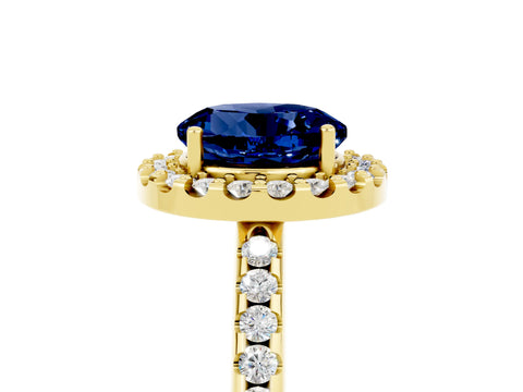 Yellow gold Round Cut Blue Sapphire Pavé Halo Ring with Four-Prong Setting_17
