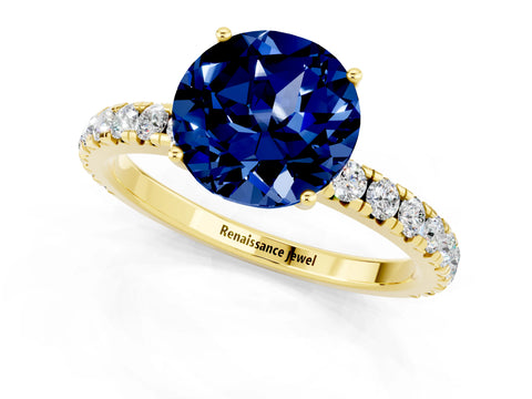 Yellow gold Round Cut Blue Sapphire Pavé Solitaire Engagement Ring with Four-Prong Setting_13