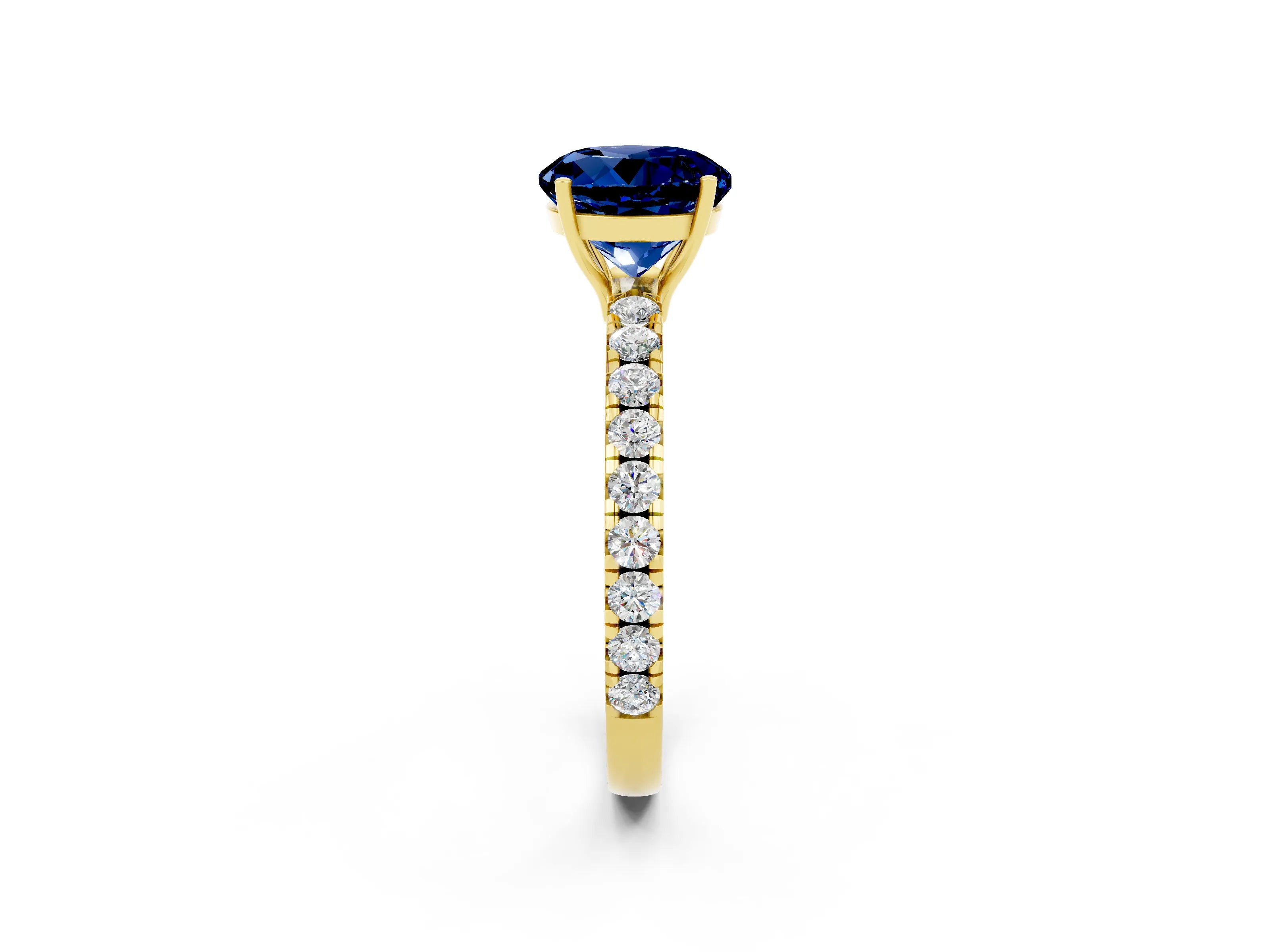 Yellow gold Round Cut Blue Sapphire Pavé Solitaire Engagement Ring with Four-Prong Setting_14