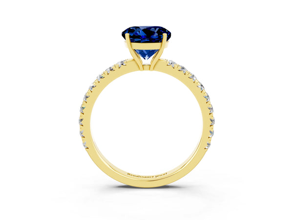 Yellow gold Round Cut Blue Sapphire Pavé Solitaire Engagement Ring with Four-Prong Setting