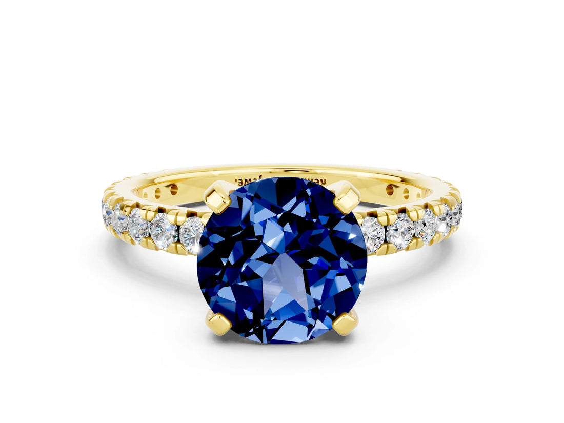 Yellow gold Round Cut Blue Sapphire Pavé Solitaire Ring with Round Band and Prong Setting_24