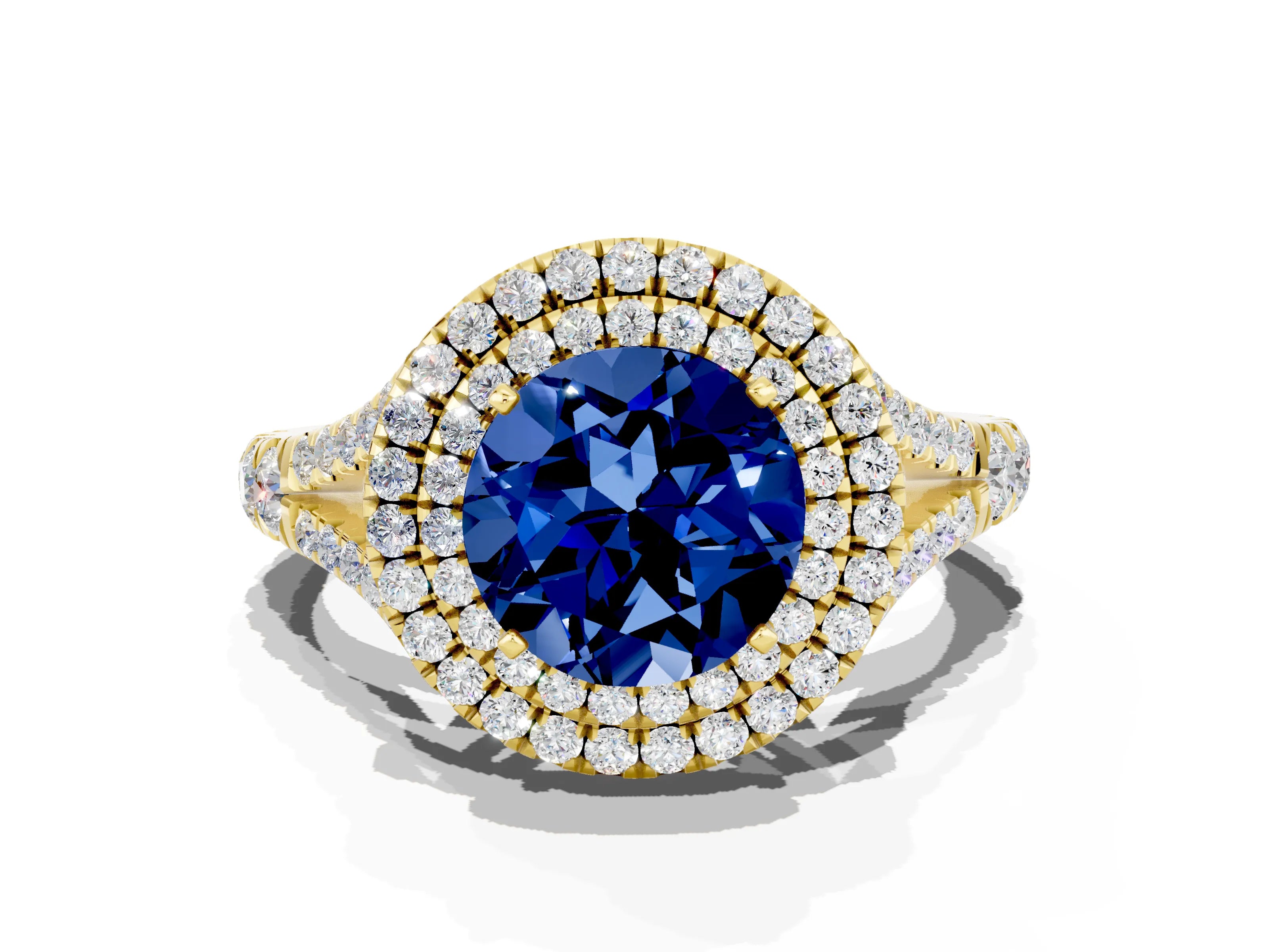 Yellow gold Round Cut Blue Sapphire Pavé Split Shank Double Halo Engagement Ring