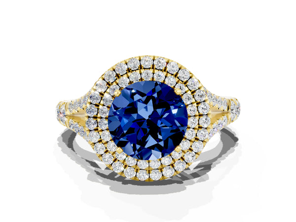 Yellow gold Round Cut Blue Sapphire Pavé Split Shank Double Halo Engagement Ring