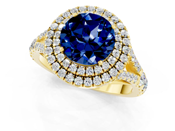 Yellow gold Round Cut Blue Sapphire Pavé Split Shank Double Halo Engagement Ring