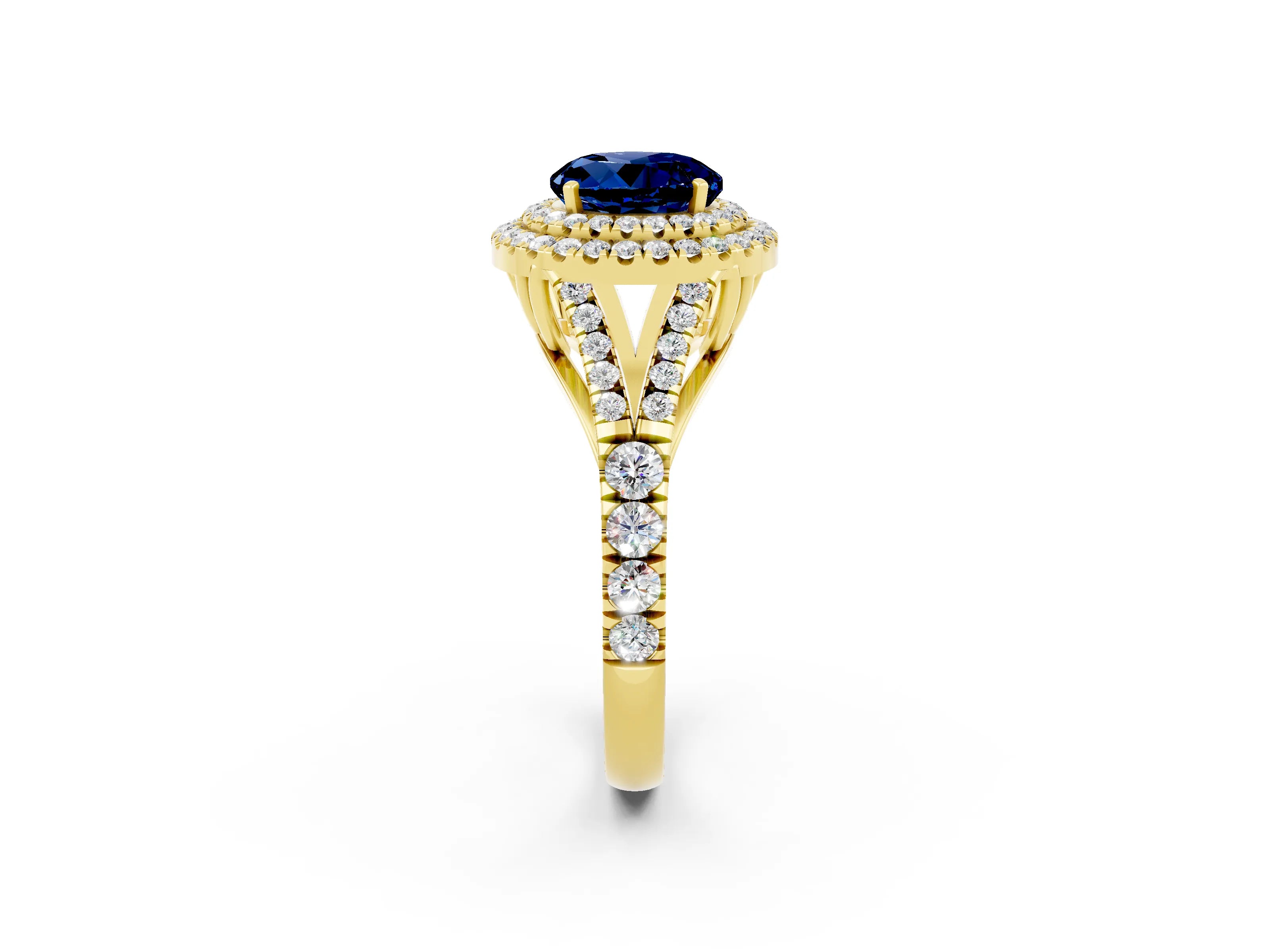 Yellow gold Round Cut Blue Sapphire Pavé Split Shank Double Halo Engagement Ring_2