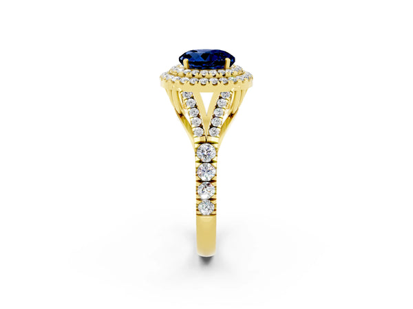 Yellow gold Round Cut Blue Sapphire Pavé Split Shank Double Halo Engagement Ring