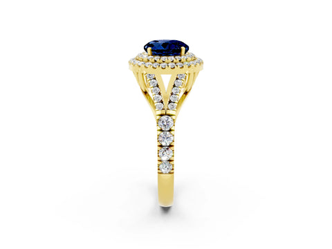 Yellow gold Round Cut Blue Sapphire Pavé Split Shank Double Halo Engagement Ring_2