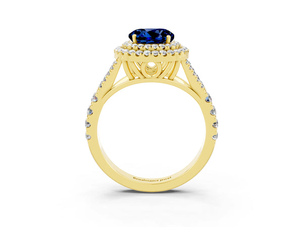 Yellow gold Round Cut Blue Sapphire Pavé Split Shank Double Halo Engagement Ring
