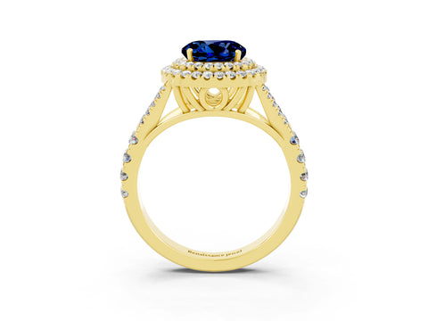 Yellow gold Round Cut Blue Sapphire Pavé Split Shank Double Halo Engagement Ring_3