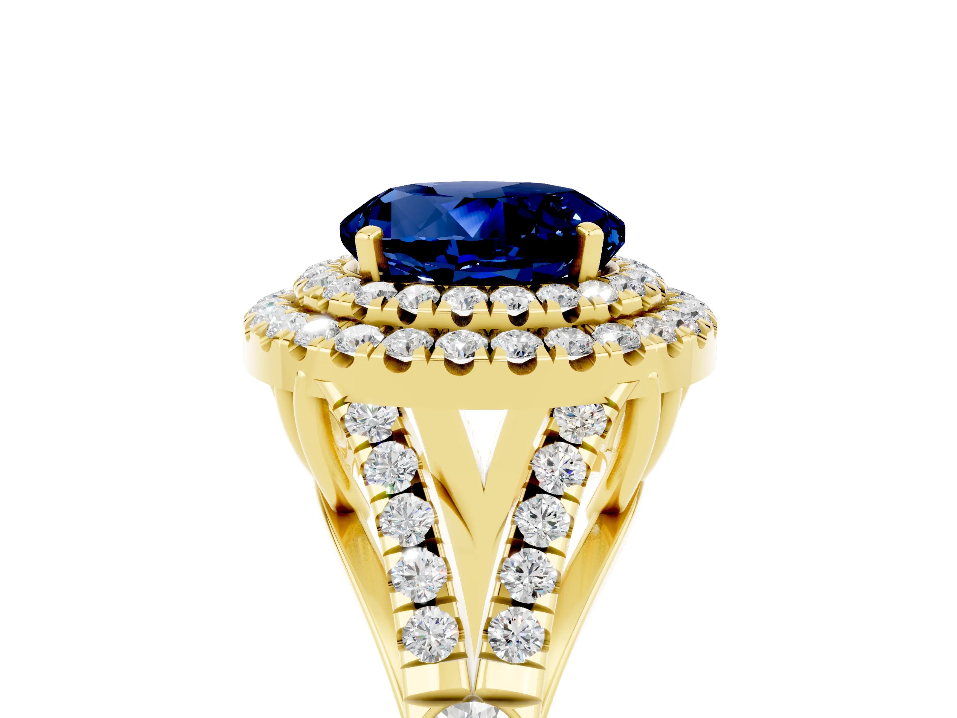 Yellow gold Round Cut Blue Sapphire Pavé Split Shank Double Halo Engagement Ring_5