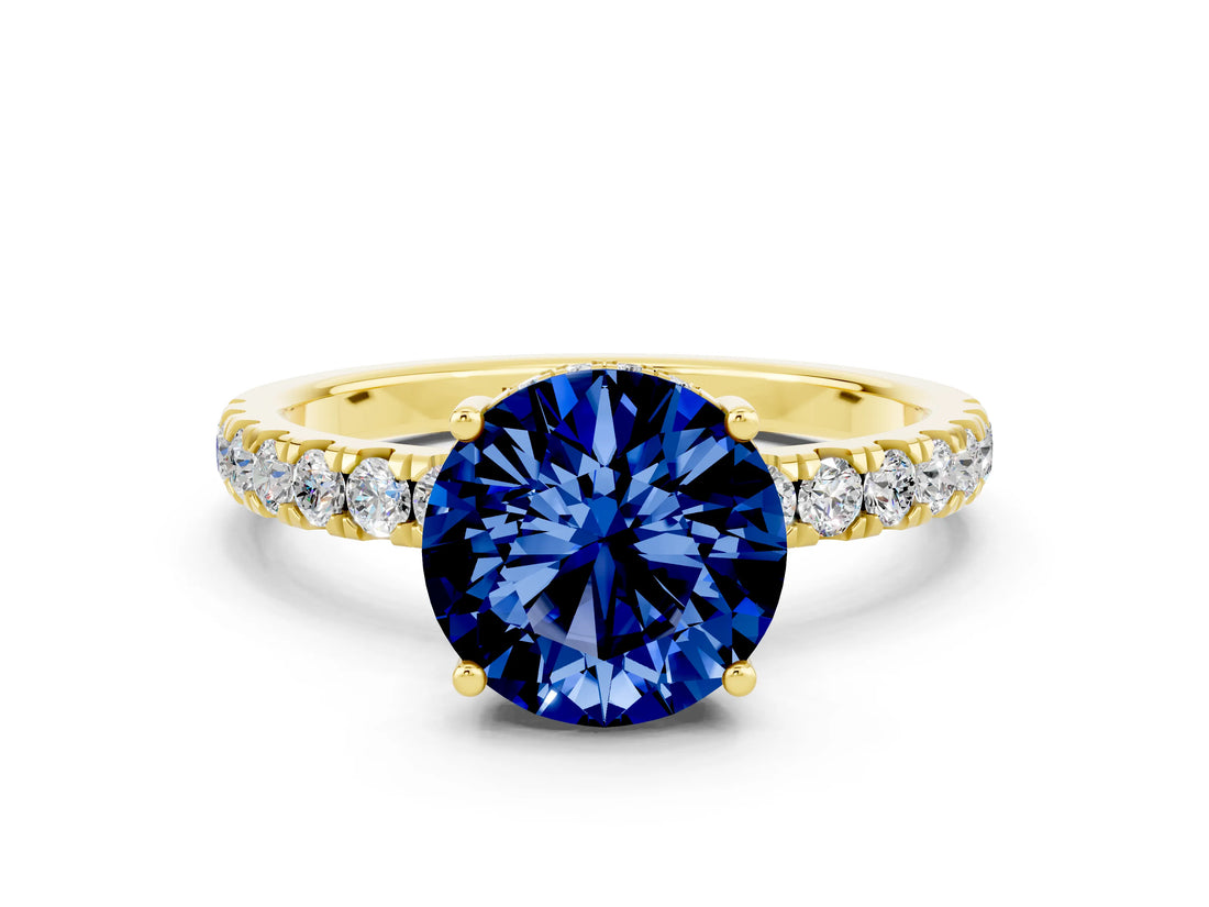 Yellow gold Round Cut Blue Sapphire Pave Band Solitaire Ring with Four-Prong Setting_12