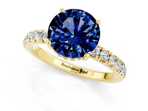 Yellow gold Round Cut Blue Sapphire Pave Band Solitaire Ring with Four-Prong Setting_13