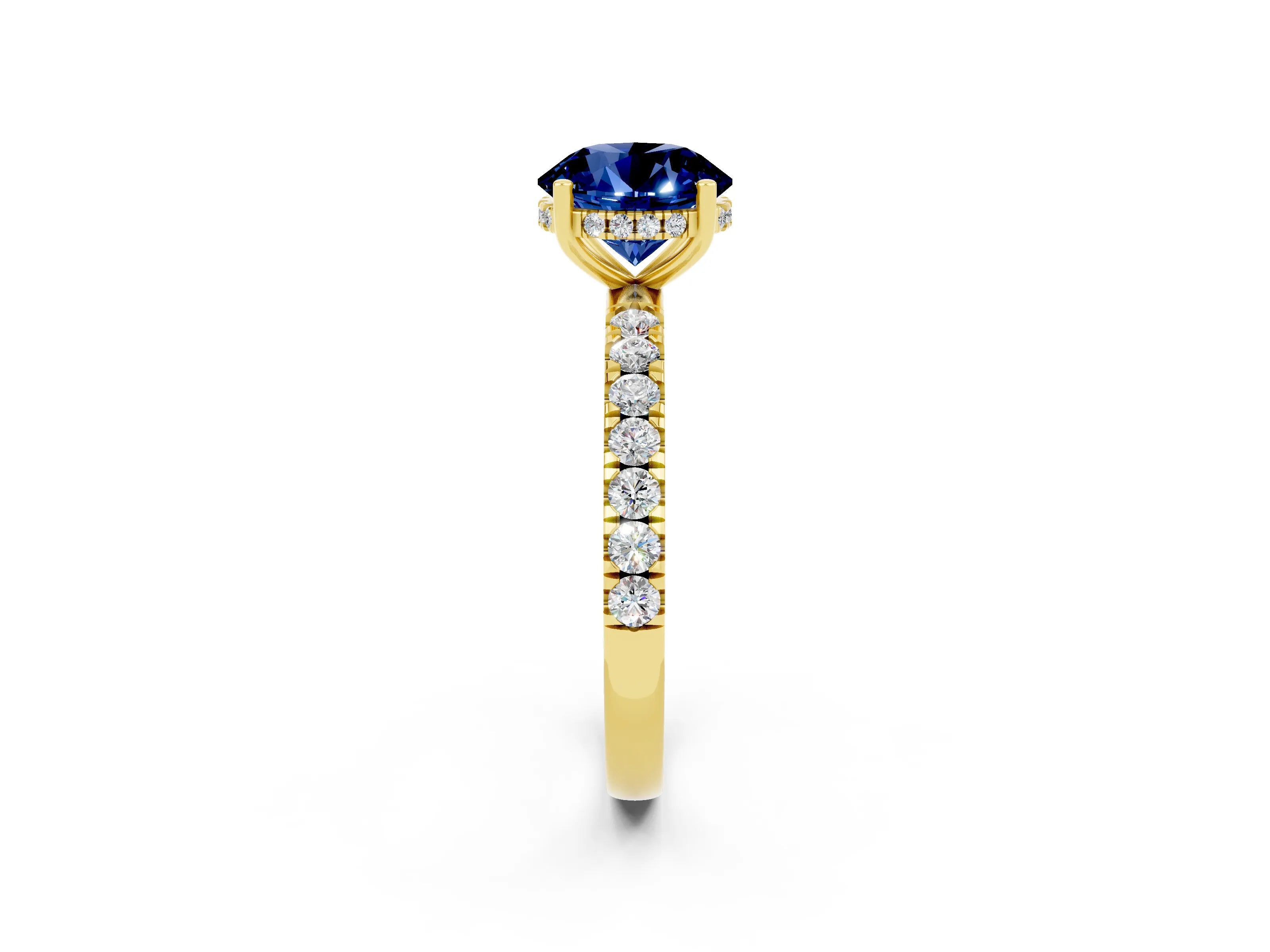 Yellow gold Round Cut Blue Sapphire Pave Band Solitaire Ring with Four-Prong Setting_14