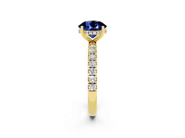 Yellow gold Round Cut Blue Sapphire Pave Band Solitaire Ring with Round  and Prong Setting