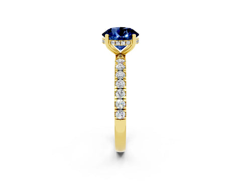 Yellow gold Round Cut Blue Sapphire Pave Band Solitaire Ring with Four-Prong Setting_14