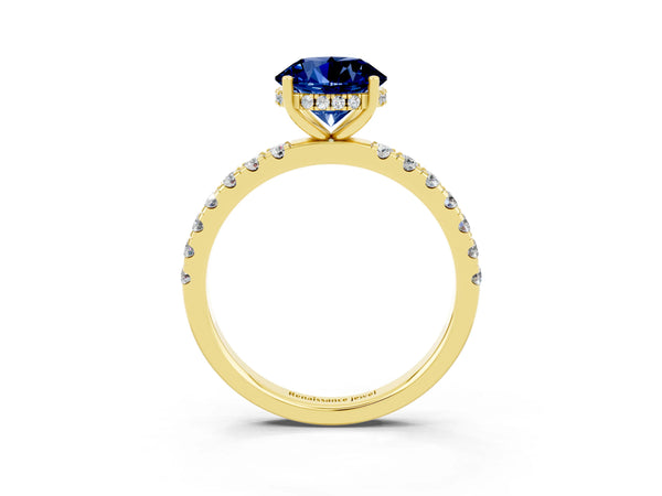 Yellow gold Round Cut Blue Sapphire Pave Band Solitaire Ring with Round  and Prong Setting