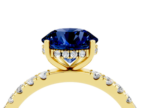 Yellow gold Round Cut Blue Sapphire Pave Band Solitaire Ring with Four-Prong Setting_16