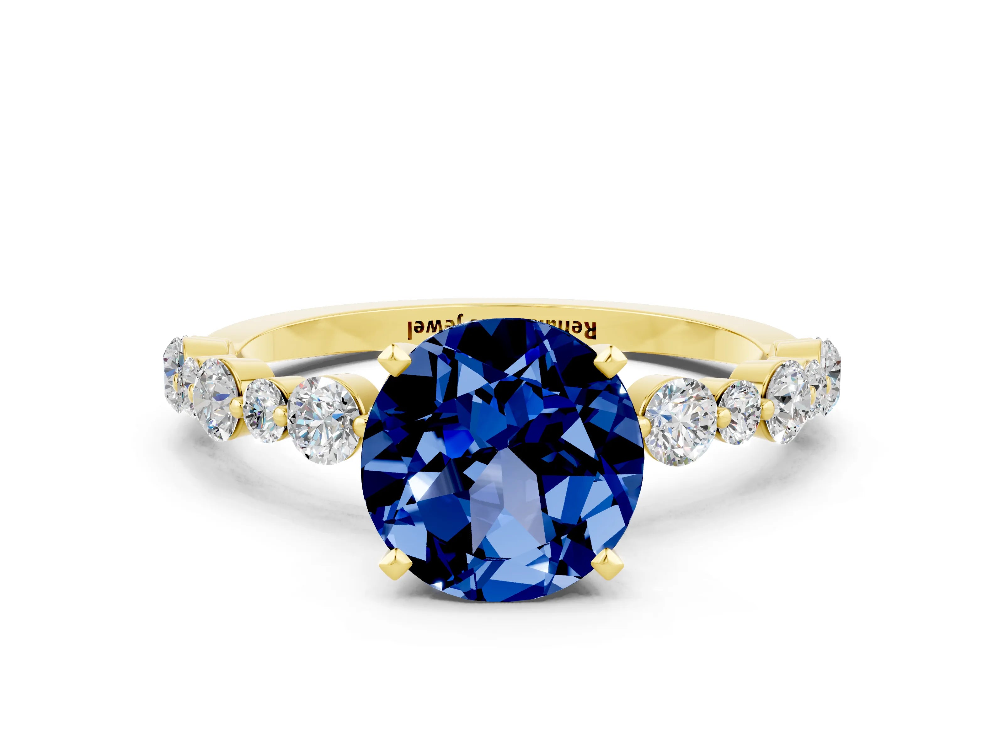 Yellow gold Round Cut Blue Sapphire Prong Set Engagement Ring with Pavé Band