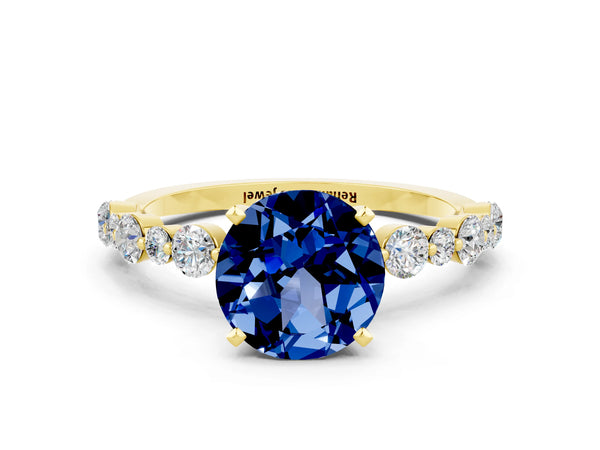 Yellow gold Round Cut Blue Sapphire Prong Set Engagement Ring with Pavé Band