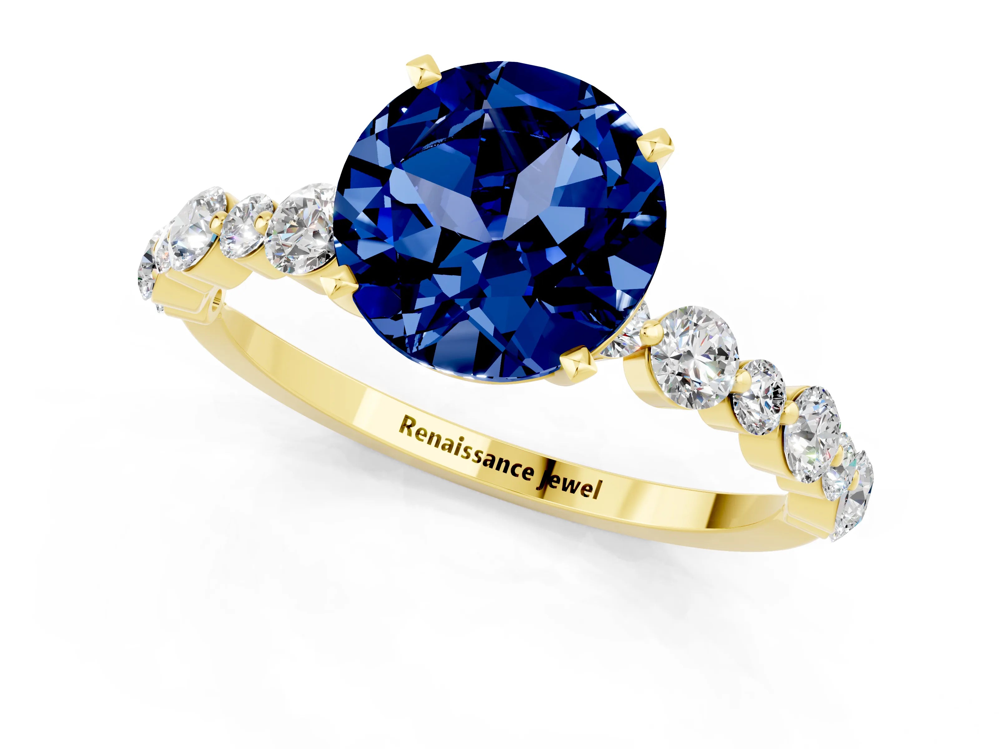 Yellow gold Round Cut Blue Sapphire Prong Set Engagement Ring with Pavé Band_1