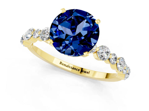 Yellow gold Round Cut Blue Sapphire Prong Set Engagement Ring with Pavé Band_1