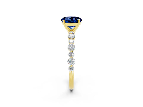Yellow gold Round Cut Blue Sapphire Prong Set Engagement Ring with Pavé Band_2