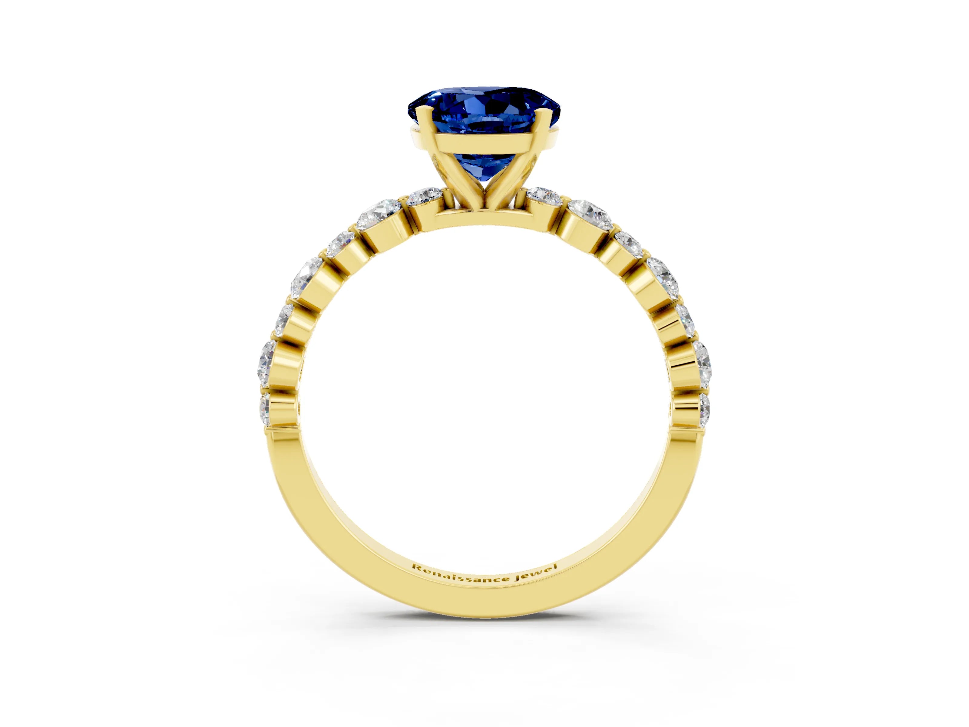 Yellow gold Round Cut Blue Sapphire Prong Set Engagement Ring with Pavé Band_3