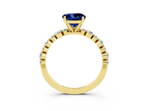 Yellow gold Round Cut Blue Sapphire Prong Set Engagement Ring with Pavé Band_3