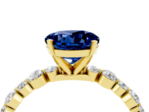 Yellow gold Round Cut Blue Sapphire Prong Set Engagement Ring with Pavé Band_4
