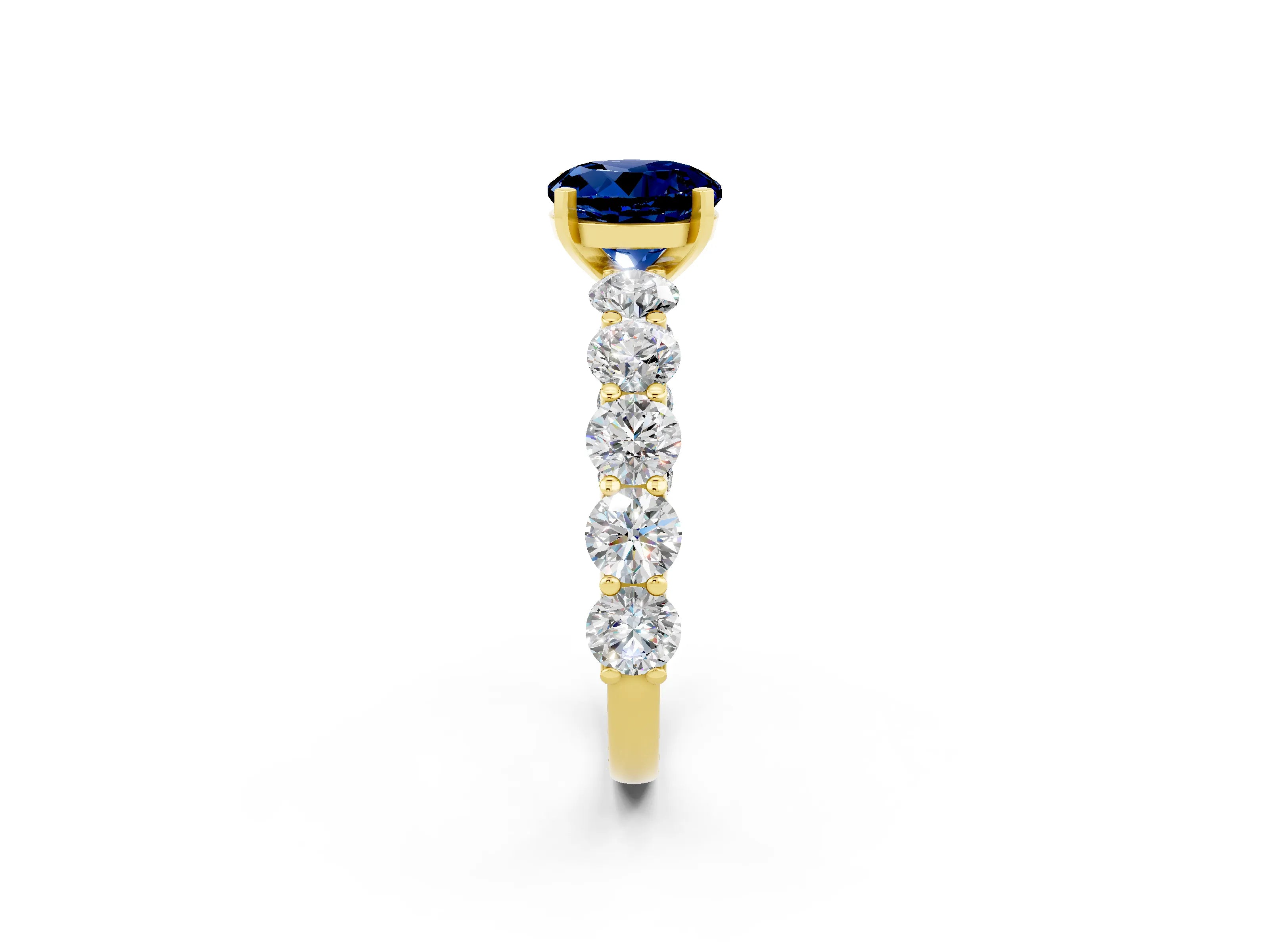Yellow gold Round Cut Blue Sapphire Prong Setting with Side Stones on a Pave Band_2