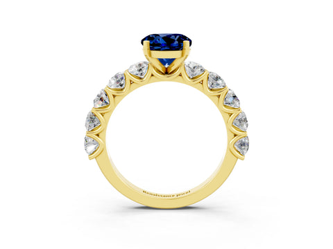 Yellow gold Round Cut Blue Sapphire Prong Setting with Side Stones on a Pave Band_3