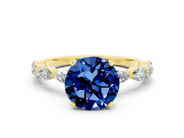 Yellow gold Round Cut Blue Sapphire Ring with Marquise Side Stones and Prong Setting