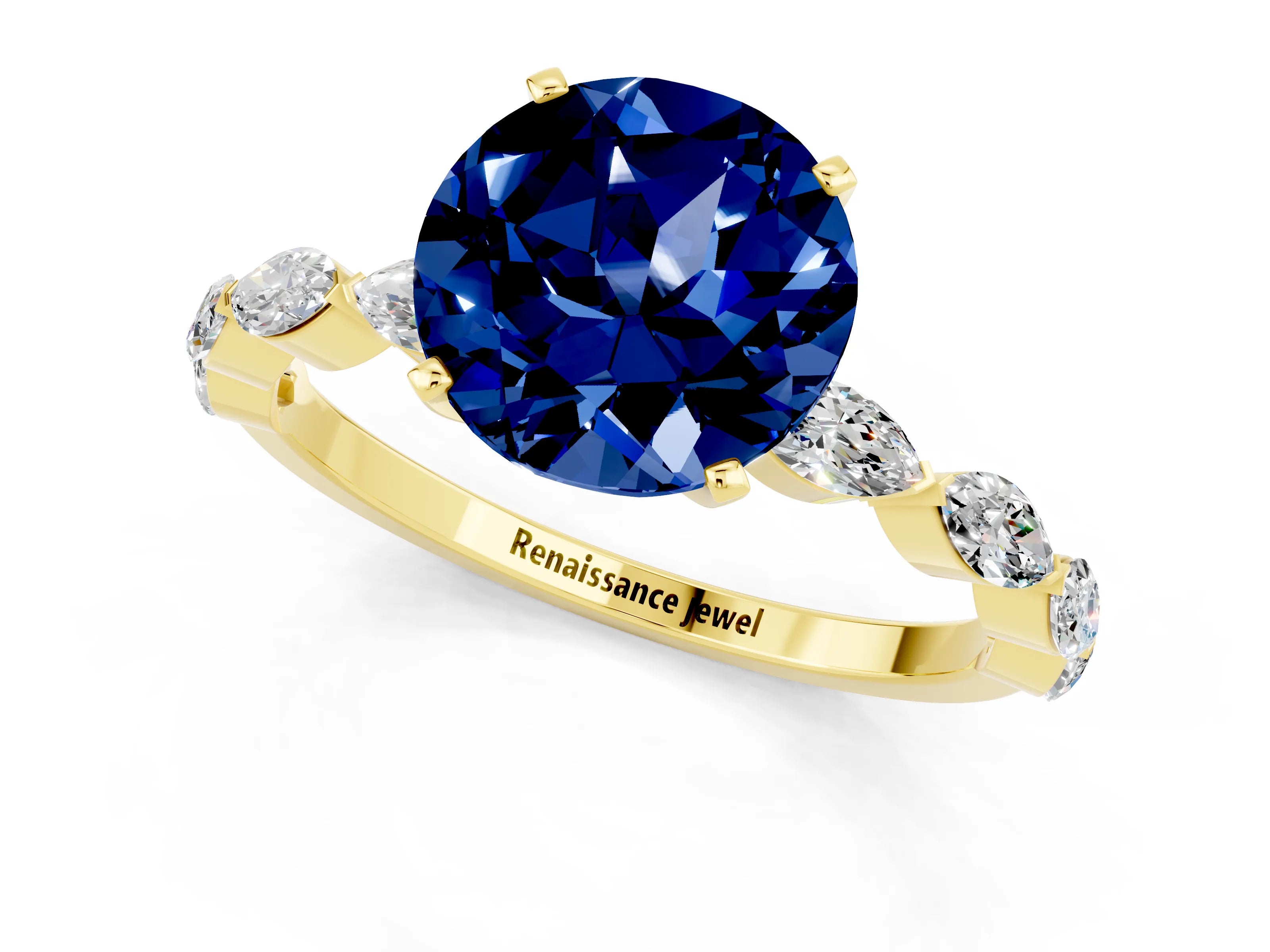 Yellow gold Round Cut Blue Sapphire Ring with Marquise Side Stones and Prong Setting_1