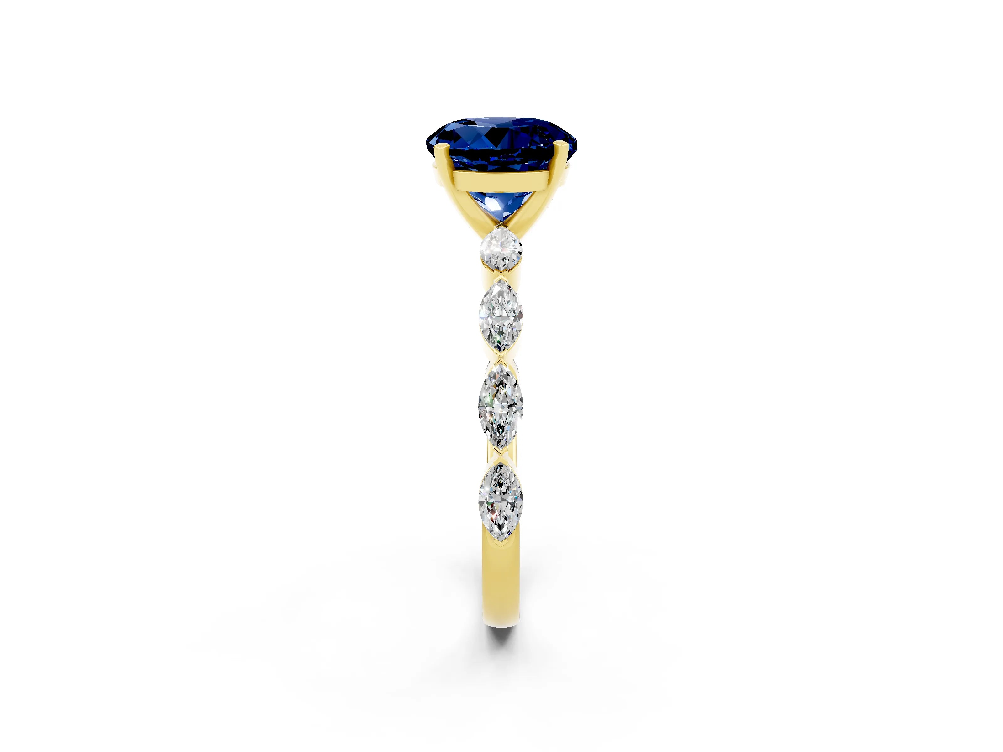 Yellow gold Round Cut Blue Sapphire Ring with Marquise Side Stones and Prong Setting_2