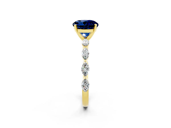 Yellow gold Round Cut Blue Sapphire Ring with Marquise Side Stones and Prong Setting