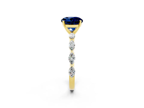 Yellow gold Round Cut Blue Sapphire Ring with Marquise Side Stones and Prong Setting_2
