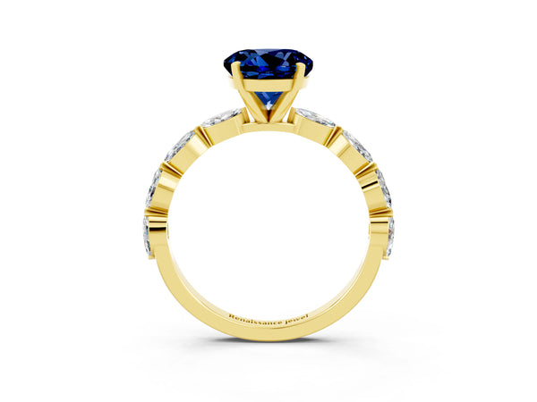 Yellow gold Round Cut Blue Sapphire Ring with Marquise Side Stones and Prong Setting