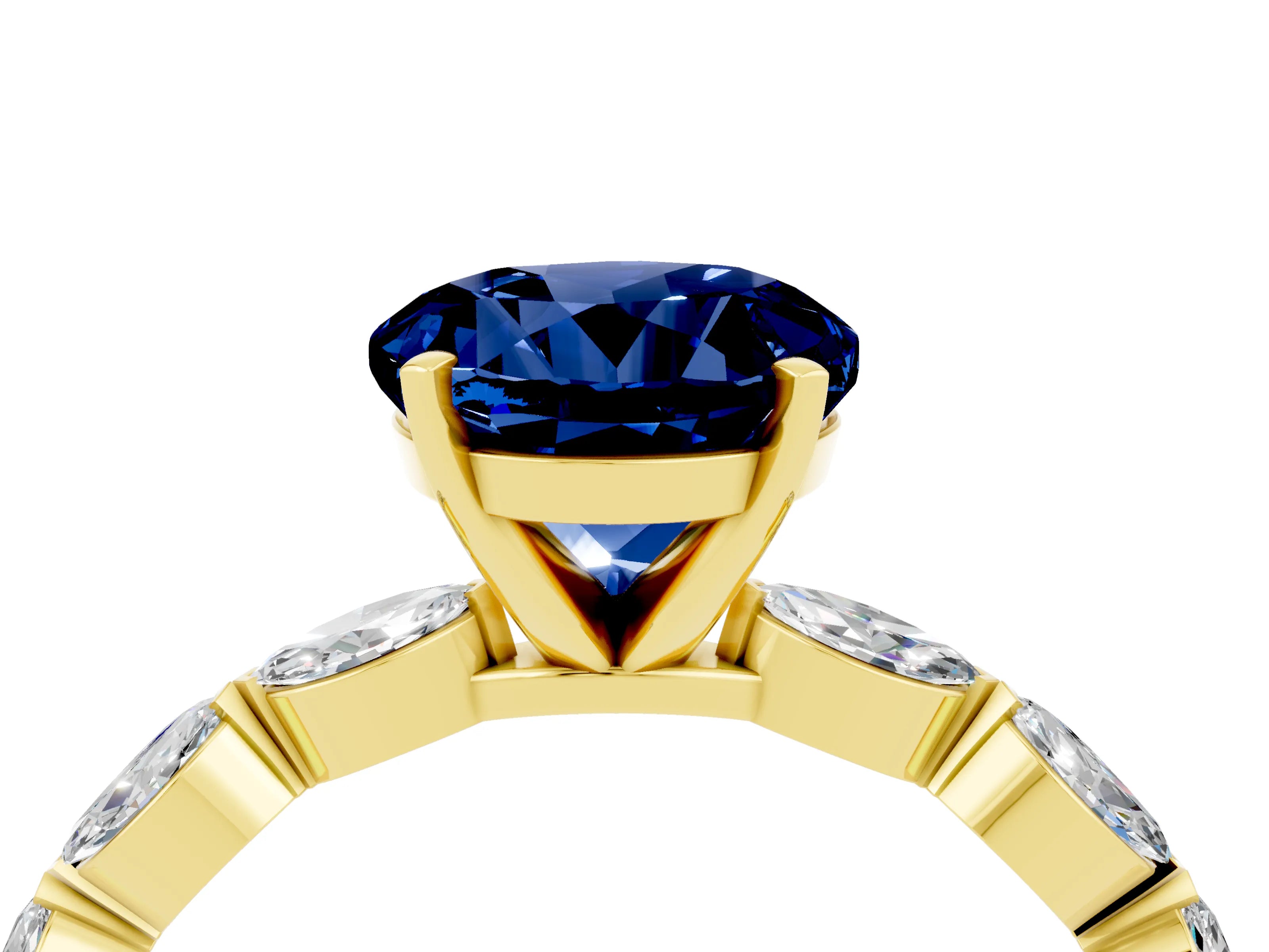 Yellow gold Round Cut Blue Sapphire Ring with Marquise Side Stones and Prong Setting_4