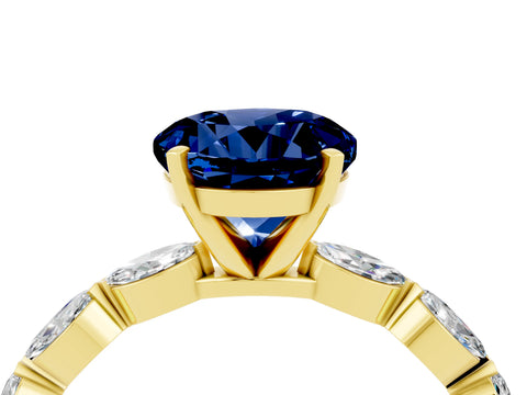 Yellow gold Round Cut Blue Sapphire Ring with Marquise Side Stones and Prong Setting_4