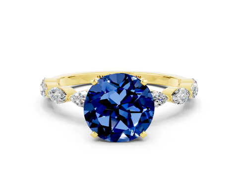 Yellow gold Round Cut Blue Sapphire Ring with Marquise Side Stones and Prong Setting