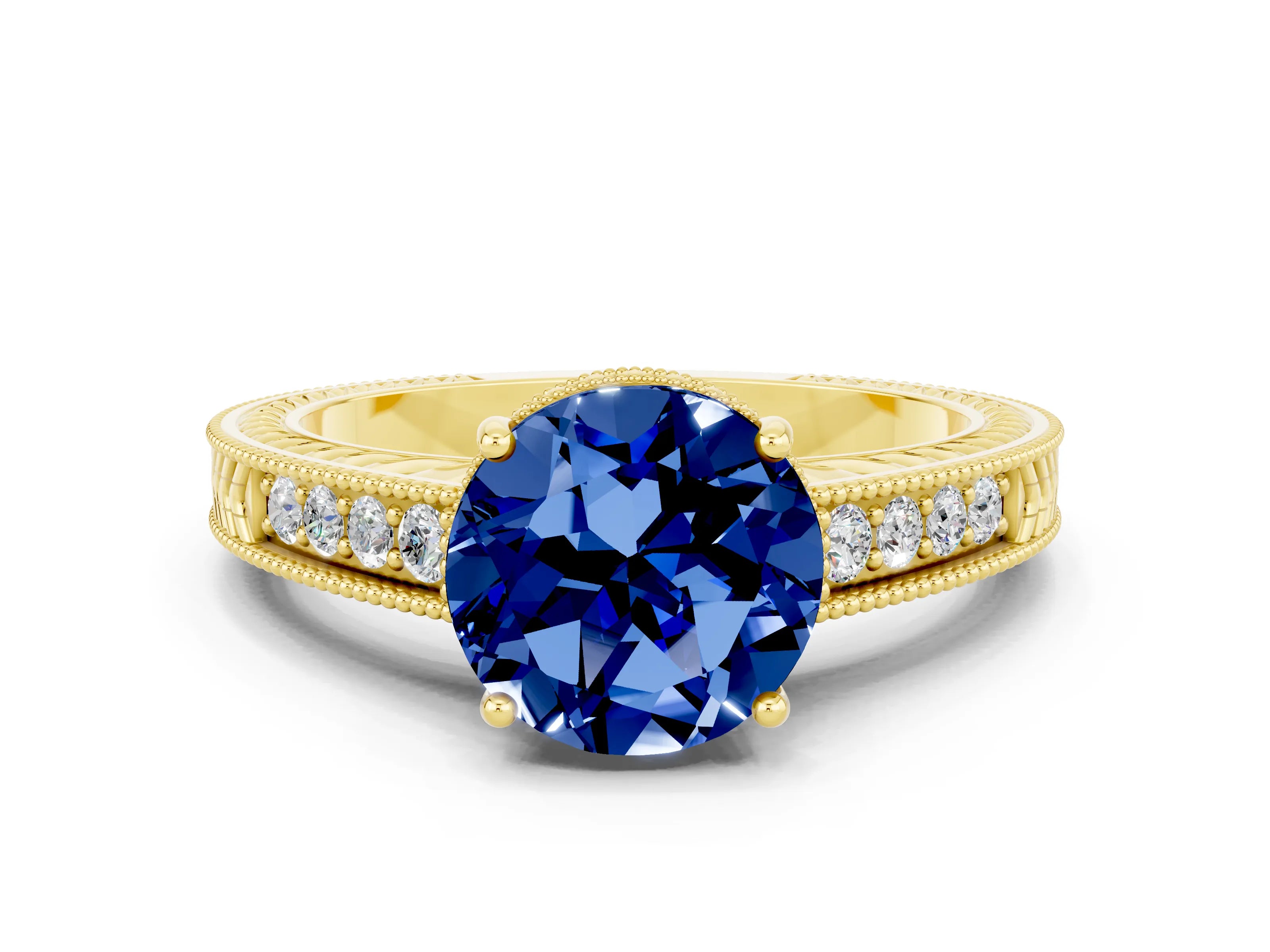 Yellow gold Round Cut Blue Sapphire Ring with Milgrain Pavé Band and Four-Prong Setting_12