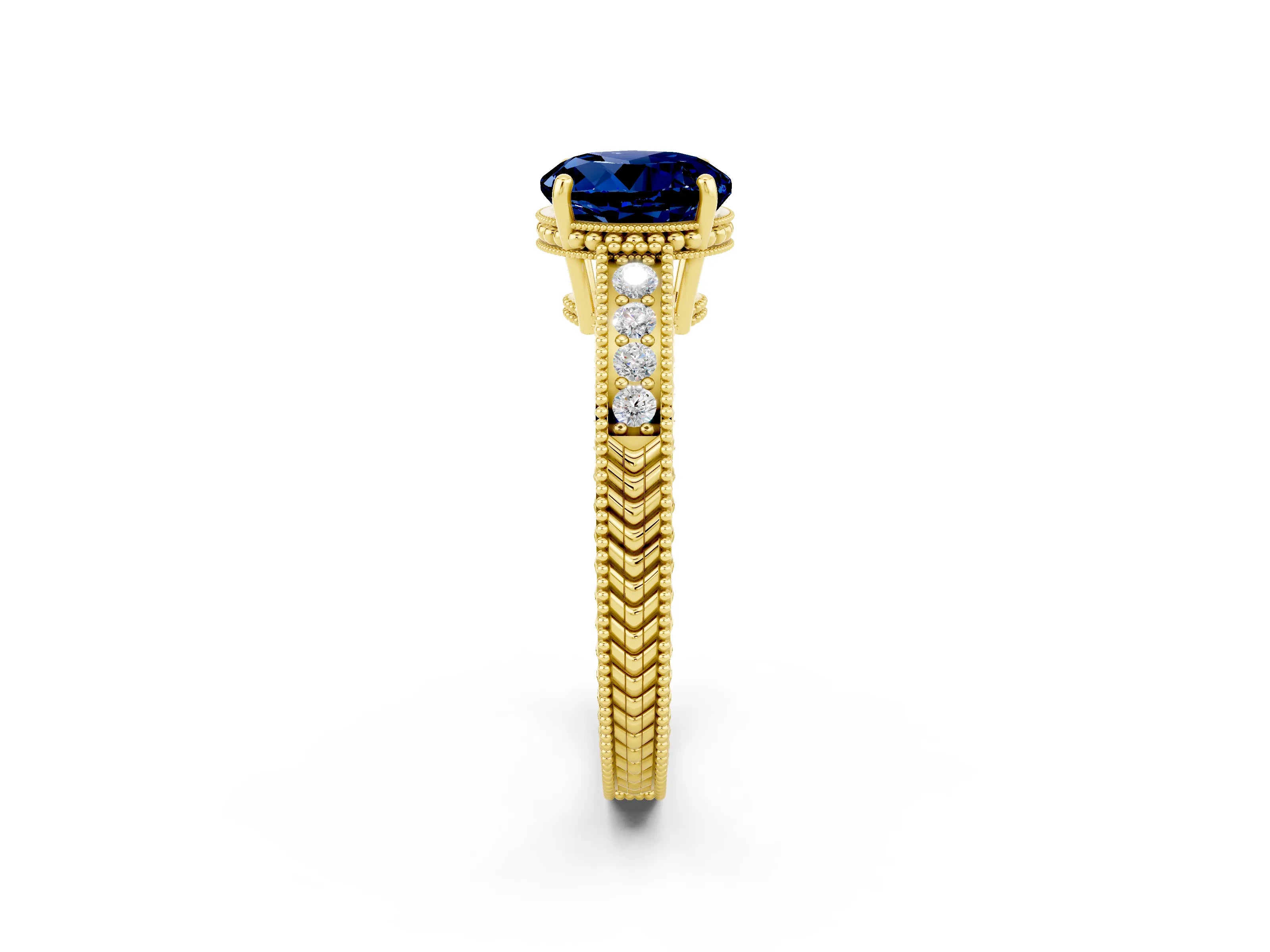 Yellow gold Round Cut Blue Sapphire Ring with Milgrain Pavé Band and Four-Prong Setting_14