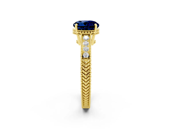 Yellow gold Round Cut Blue Sapphire Ring with Milgrain Pavé Band and Four-Prong Setting