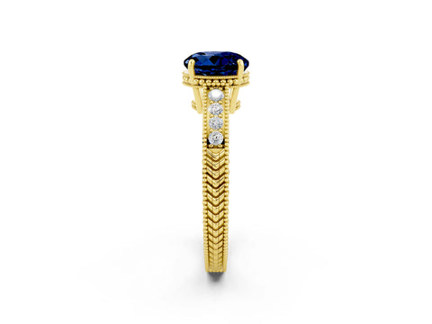 Yellow gold Round Cut Blue Sapphire Ring with Milgrain Pavé Band and Four-Prong Setting_14