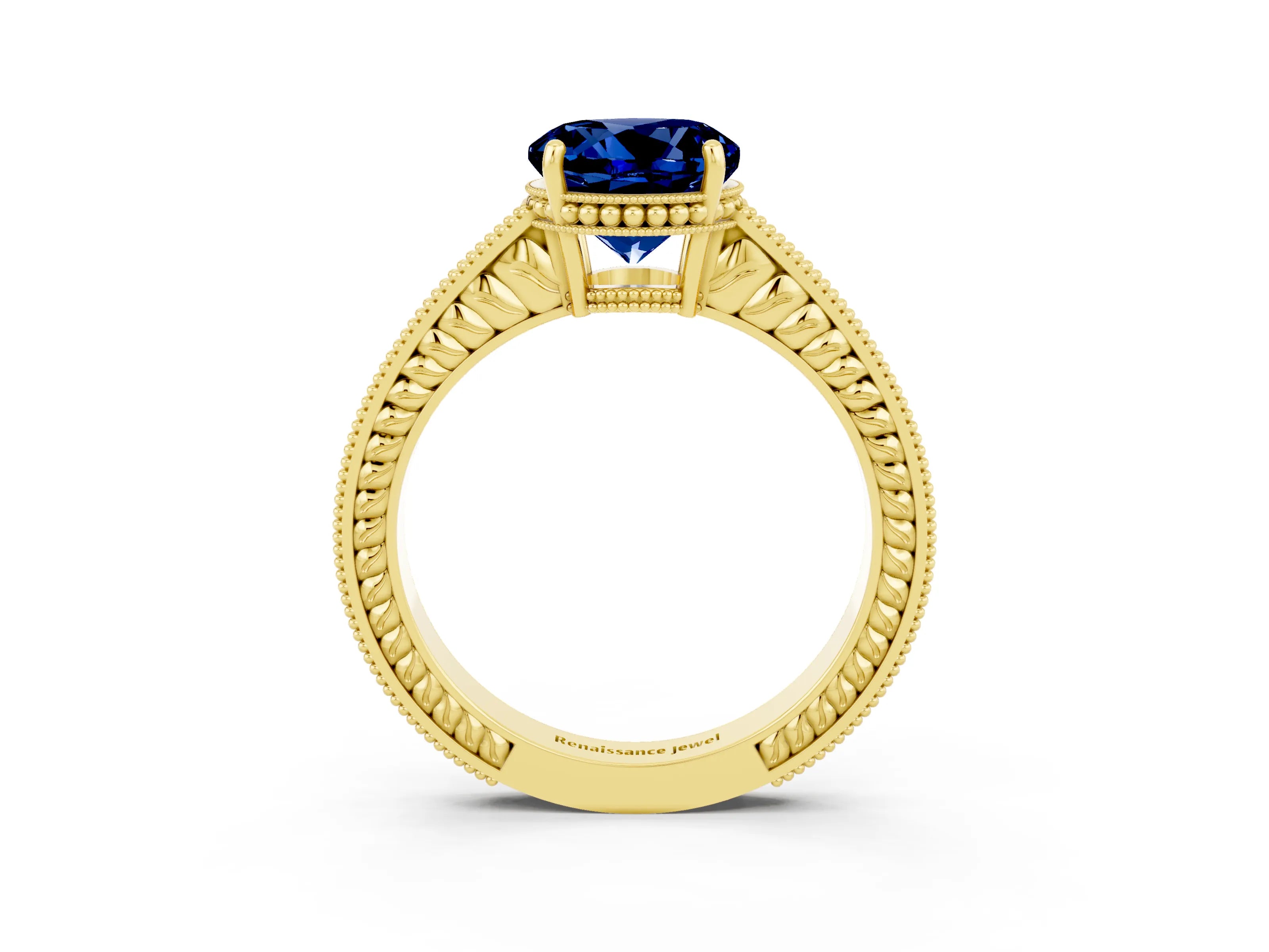 Yellow gold Round Cut Blue Sapphire Ring with Milgrain Pavé Band and Four-Prong Setting_15