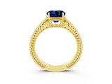 Yellow gold Round Cut Blue Sapphire Ring with Milgrain Pavé Band and Four-Prong Setting_15