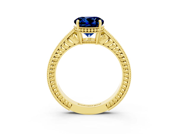 Yellow gold Round Cut Blue Sapphire Ring with Milgrain Pavé Band and Four-Prong Setting