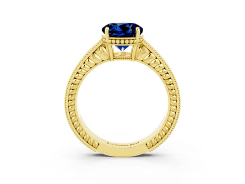 Yellow gold Round Cut Blue Sapphire Ring with Milgrain Pavé Band and Four-Prong Setting_15