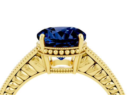 Yellow gold Round Cut Blue Sapphire Ring with Milgrain Pavé Band and Four-Prong Setting_16