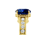 Yellow gold Round Cut Blue Sapphire Ring with Milgrain Pavé Band and Four-Prong Setting_17